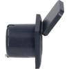 Dark blue cylindrical plastic body with a rectangular flange and an open hinged lid, side view on a white background