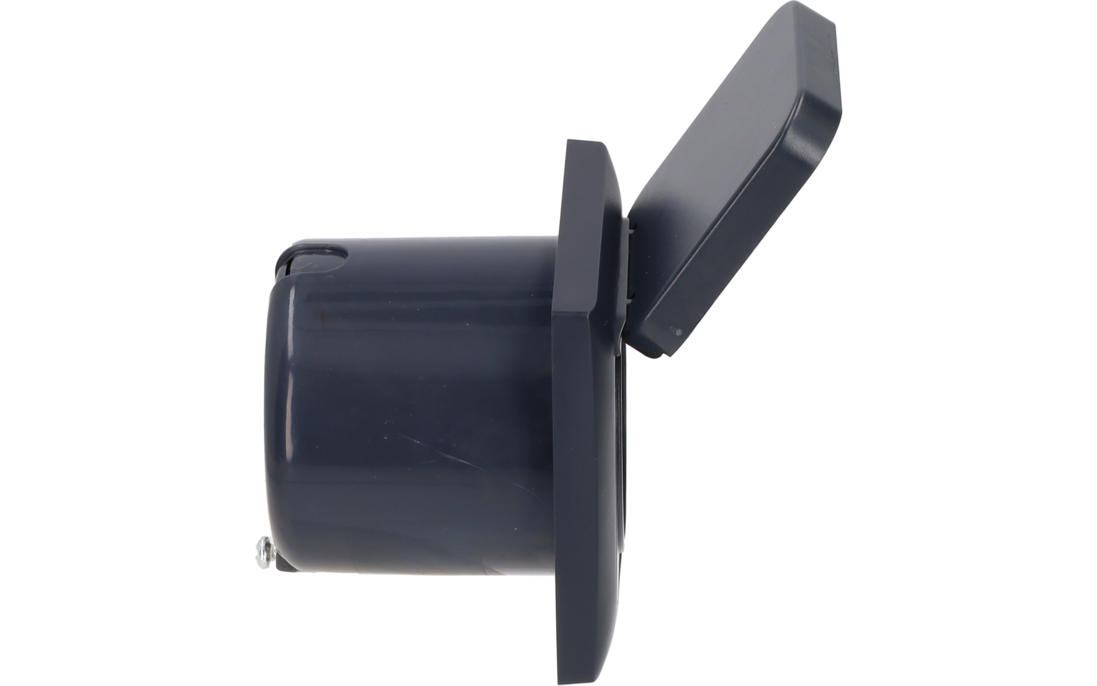 Dark blue cylindrical plastic body with a rectangular flange and an open hinged lid, side view on a white background