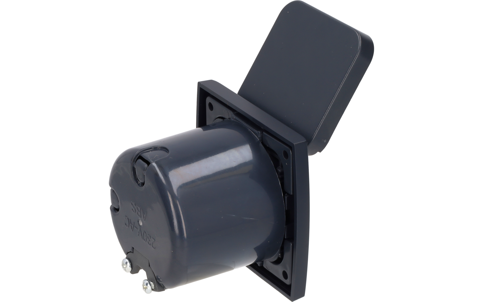 Dark gray cylindrical plastic housing in a rectangular flush plate, with a hinged rectangular cover and two visible metal terminals