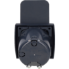 Dark gray round connector with protective cap mounted in a square bracket, two metal pins visible at the bottom