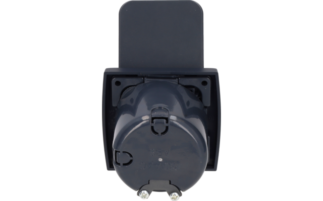 Dark gray round connector with protective cap mounted in a square bracket, two metal pins visible at the bottom