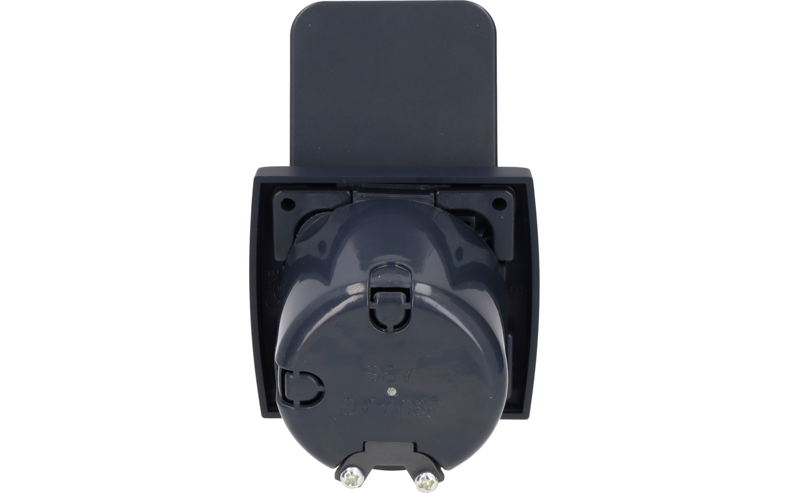 Dark gray round connector with protective cap mounted in a square bracket, two metal pins visible at the bottom