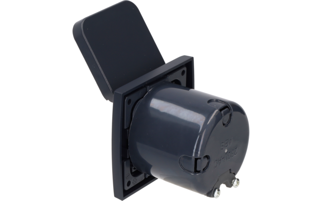 Dark gray glossy cylindrical plastic housing in a square frame; rectangular flap on top, two metal contacts visible at bottom