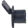 Dark gray plastic housing with open hinged lid, side view of a cylindrical cavity and rectangular front flange