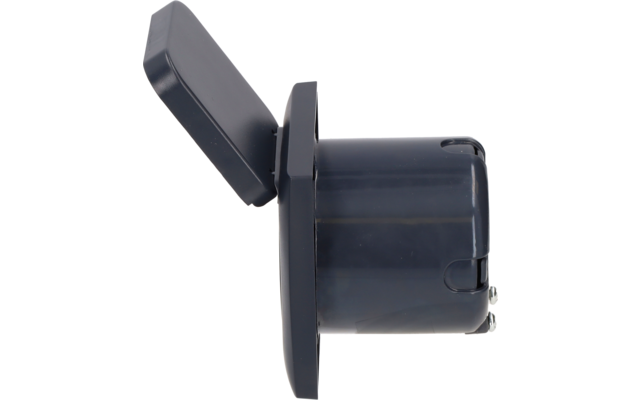 Dark gray plastic housing with open hinged lid, side view of a cylindrical cavity and rectangular front flange