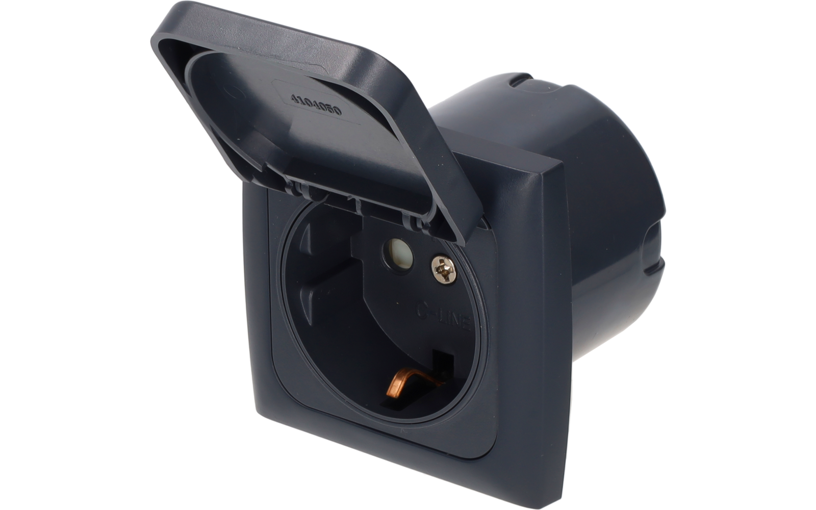 Dark gray recessed electrical outlet with open hinged cover, square frame and round socket opening with visible metal contacts, photographed from a slight front angle