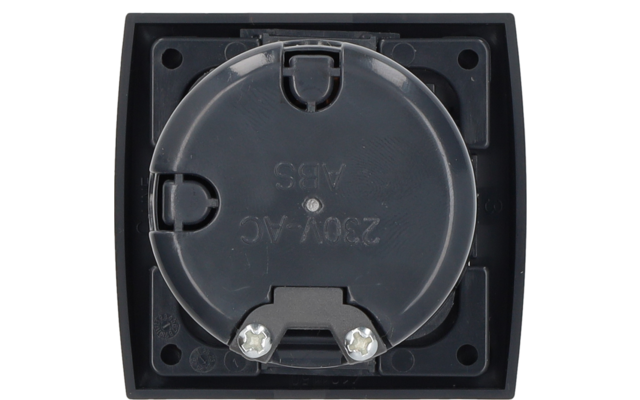 Square black frame with a central round dark-gray lid showing embossed text '230V~AC ABS'; two silver screws at the bottom edge of the lid