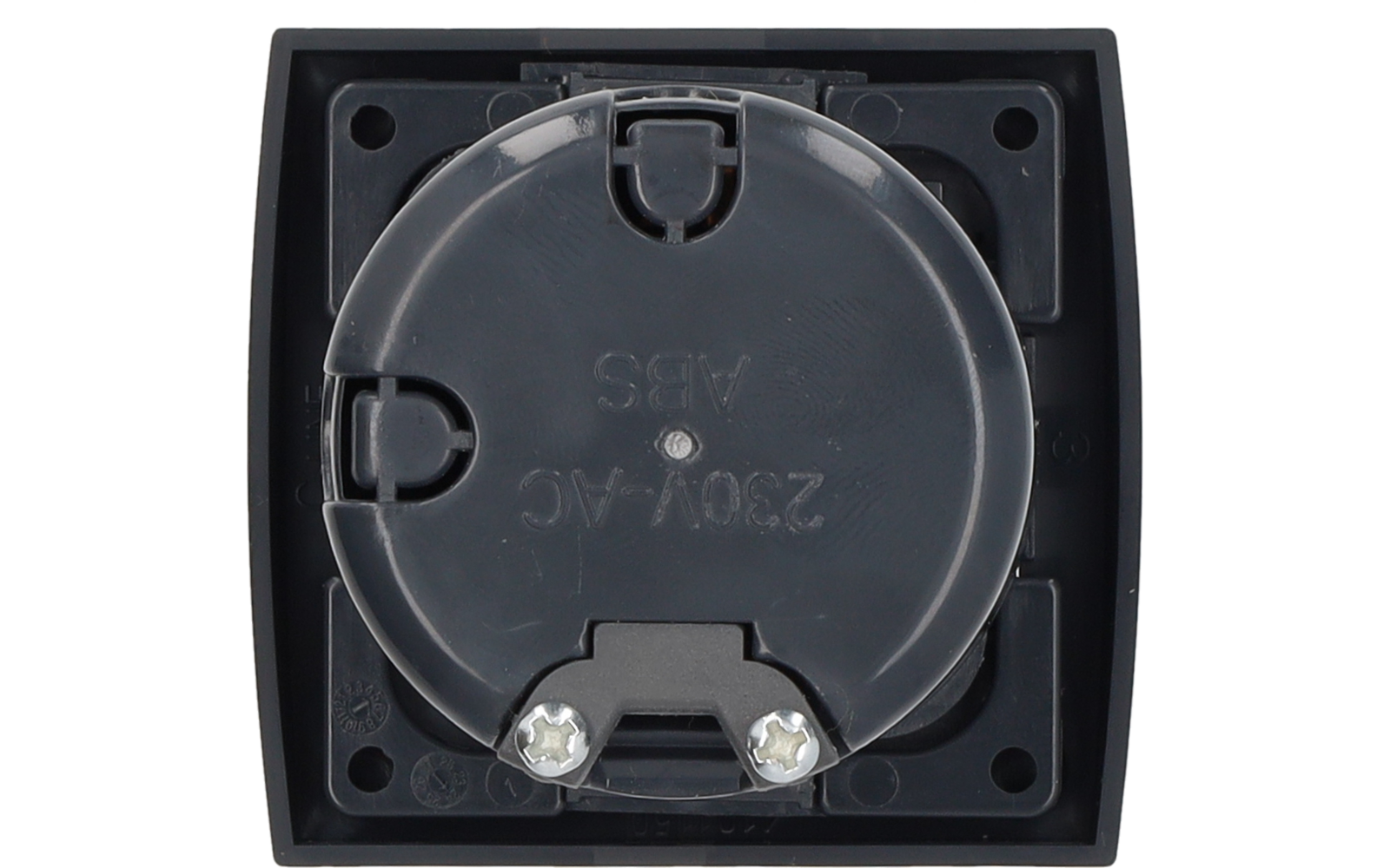 Square black frame with a central round dark-gray lid showing embossed text '230V~AC ABS'; two silver screws at the bottom edge of the lid
