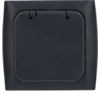 Dark gray square plastic housing with a central rounded flap and two hinges at the top