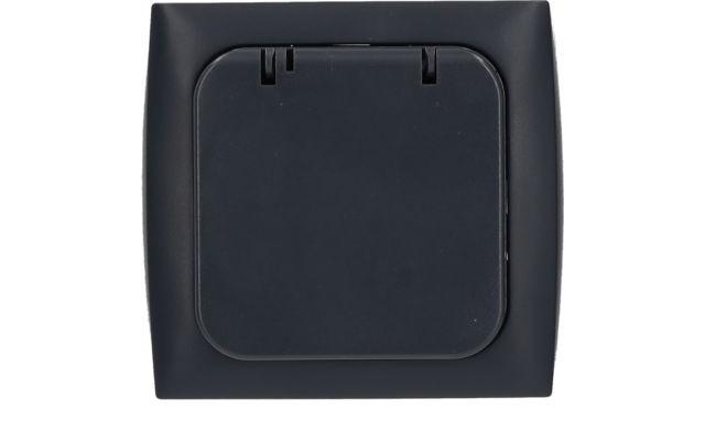 Dark gray square plastic housing with a central rounded flap and two hinges at the top