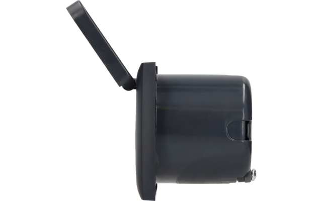 Side view of a dark gray cylindrical container with an open hinged lid
