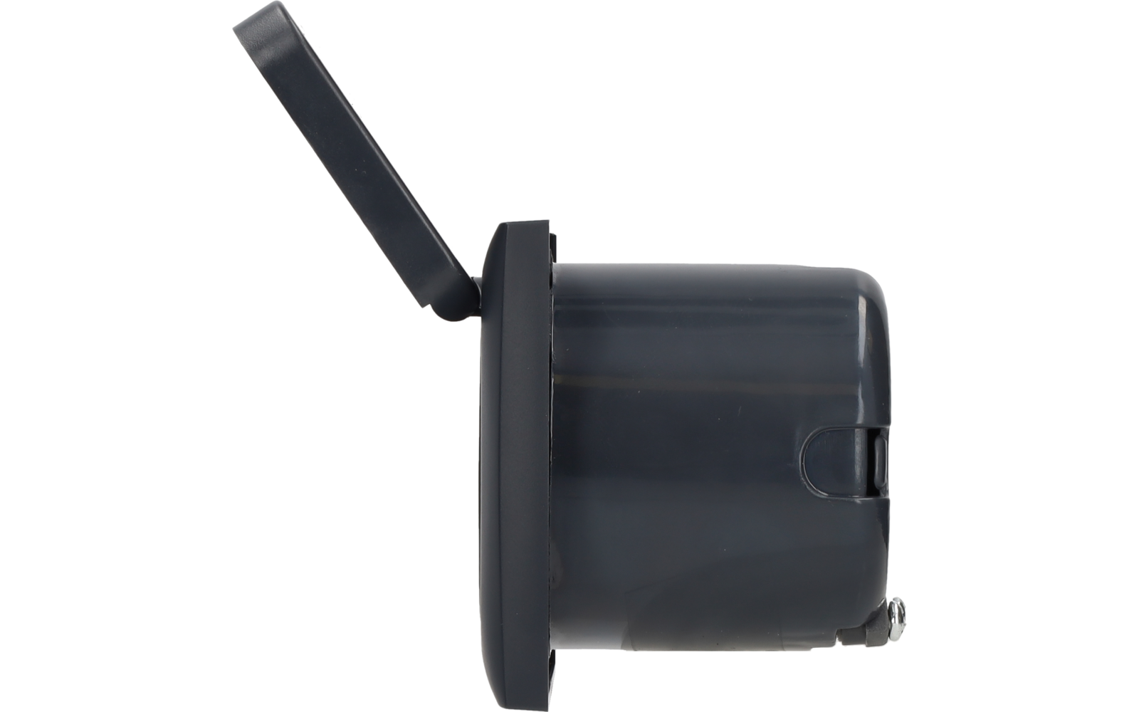 Side view of a dark gray cylindrical container with an open hinged lid