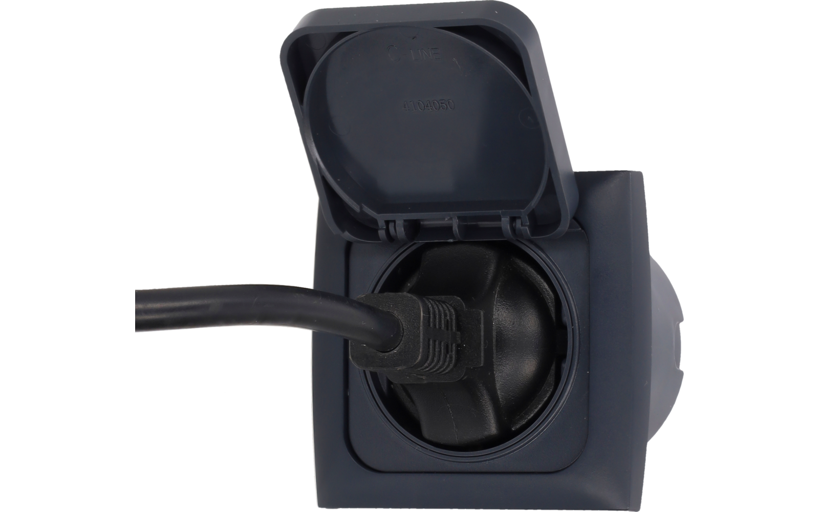 Dark gray square electrical outlet with open hinged cover, black plug inserted, cable extending to the left