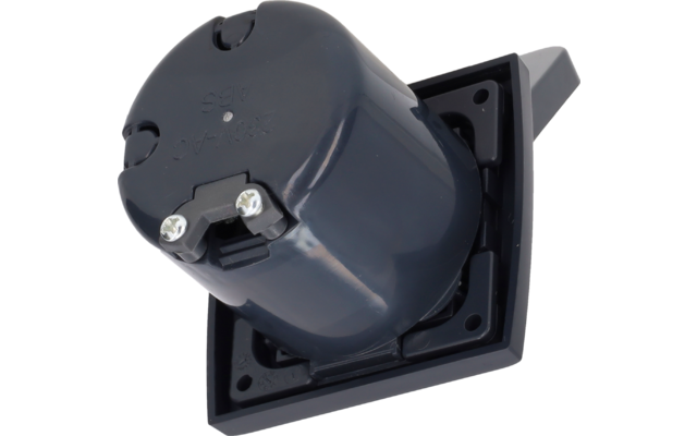 Dark gray rounded plastic housing with two visible metal screws on a square black plastic mounting plate with mounting holes