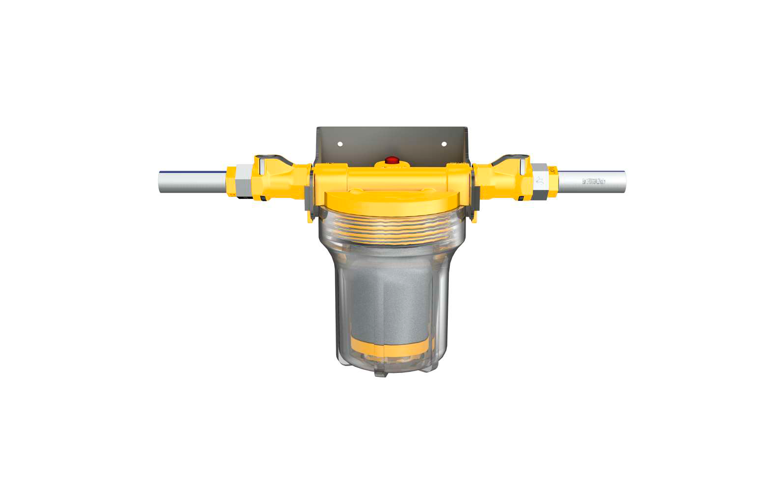 Gelber Aufbau mit transparentem zylindrischem Behälter, grauem Einsatz, seitlichen silbernen Rohren, grauer Montageplatte und rotem Knopf oben