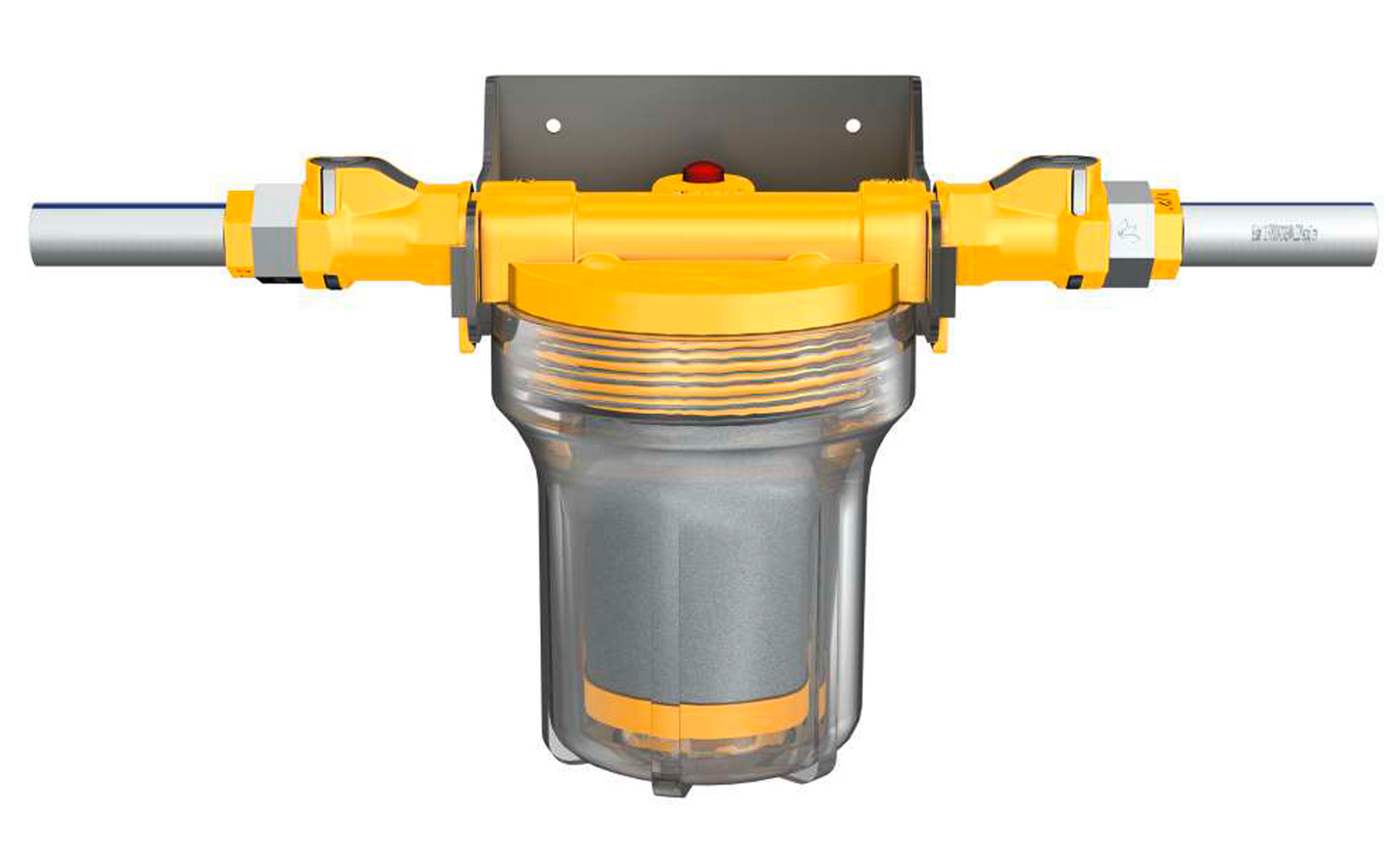 Assemblage jaune avec récipient cylindrique transparent, insert gris, tuyaux argentés horizontaux, plaque de fixation grise et bouton rouge dessus