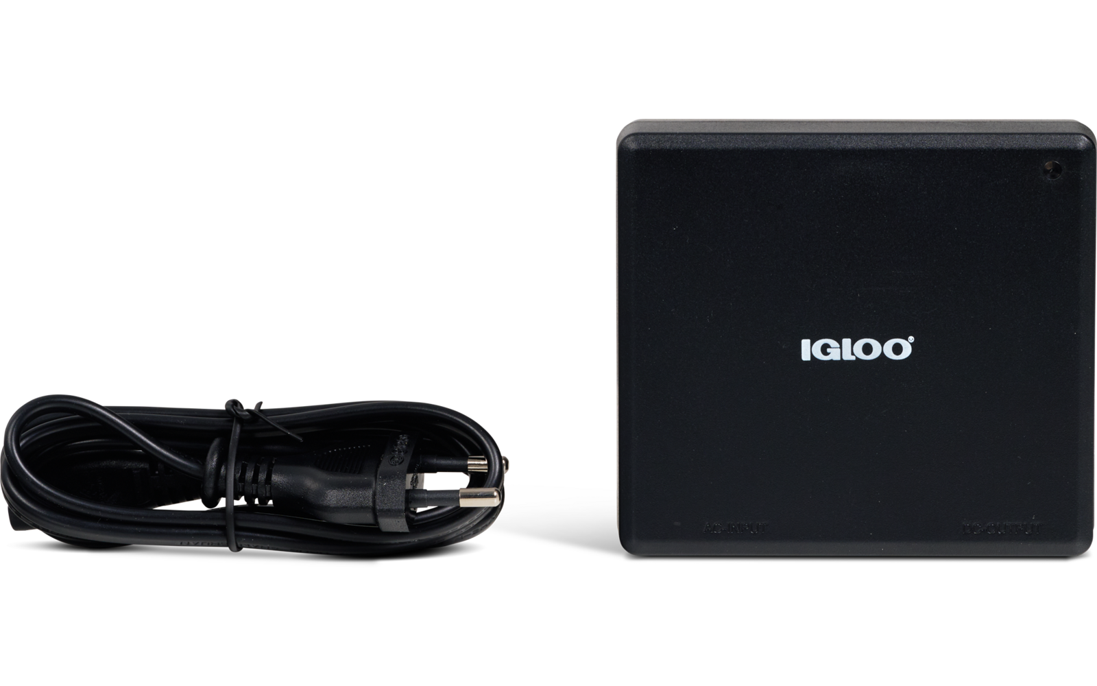 Appareil carré noir avec logo IGLOO à droite, à côté d'un câble d'alimentation noir enroulé avec prise