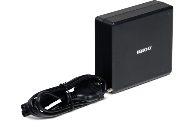 Boîtier rectangulaire noir avec le logo blanc "IGLOO" et câble noir enroulé avec fiche bipolaire