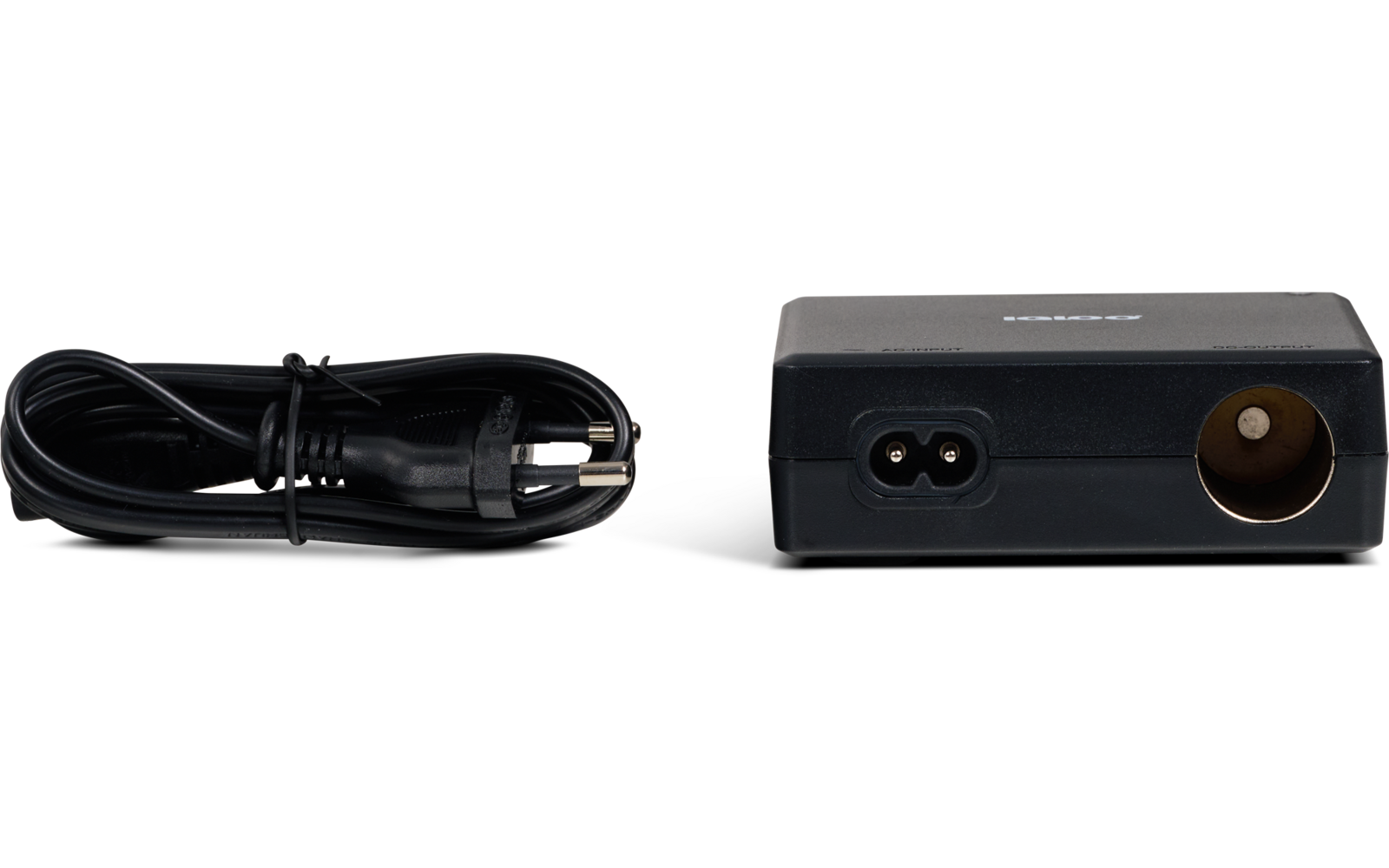 Bloc d'alimentation rectangulaire noir avec câble d'alimentation enroulé; le bloc présente une prise ronde et une entrée bipolaire; le câble se termine par une fiche européenne à deux broches