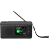 Schwarzes tragbares Digitalradio mit ausgezogener Teleskopantenne, Lautsprechergitter links, Farbdisplay mit Text und Symbolen, Bedienknöpfe rechts und Trageschlaufe