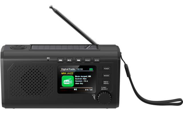 Schwarzes tragbares Digitalradio mit ausgezogener Teleskopantenne, Lautsprechergitter links, Farbdisplay mit Text und Symbolen, Bedienknöpfe rechts und Trageschlaufe