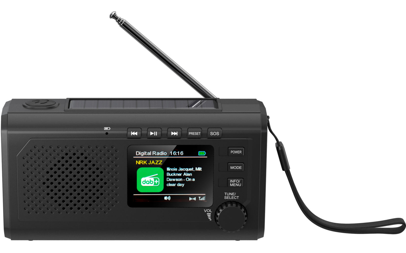 Schwarzes tragbares Digitalradio mit ausgezogener Teleskopantenne, Lautsprechergitter links, Farbdisplay mit Text und Symbolen, Bedienknöpfe rechts und Trageschlaufe