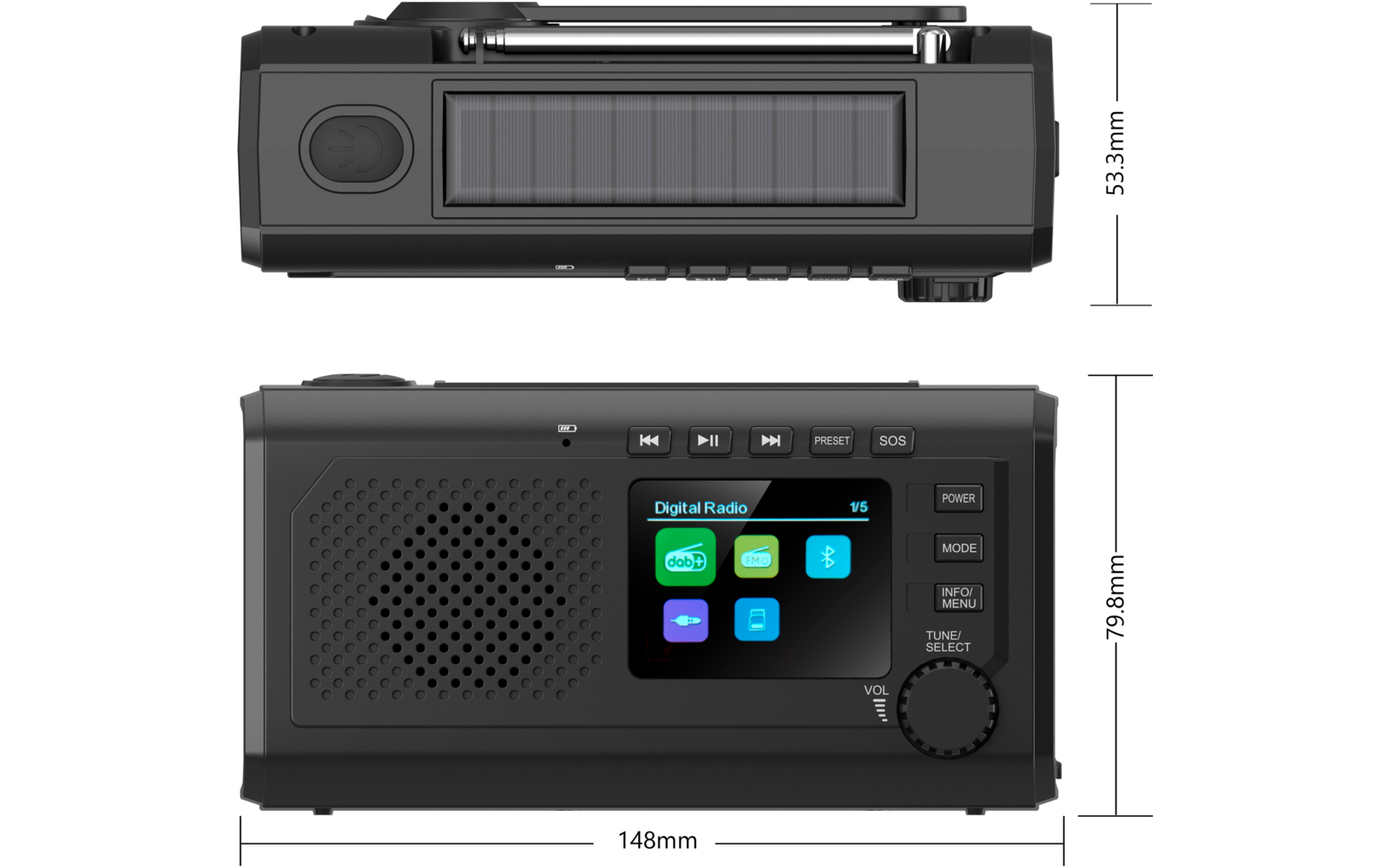 Graues elektronisches Gerät in zwei Ansichten: Draufsicht oben mit rechteckigem, segmentiertem Panel, Tragebügel und runder Taste; Vorderansicht unten mit Lochgitter-Lautsprecher links, farbigem Display mit Symbolen mittig, Tasten oberhalb und rechts