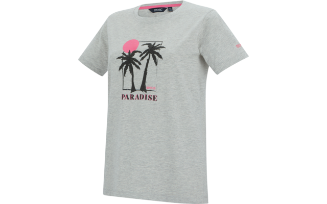 Grau meliertes kurzärmeliges T-Shirt mit zwei schwarzen Palmen, einem rosa Kreis und dem Schriftzug "PARADISE" auf der Vorderseite