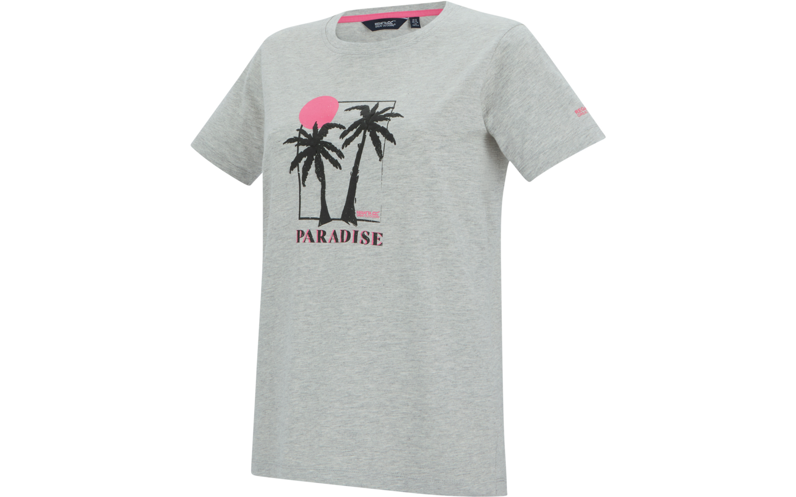 Grau meliertes kurzärmeliges T-Shirt mit zwei schwarzen Palmen, einem rosa Kreis und dem Schriftzug "PARADISE" auf der Vorderseite