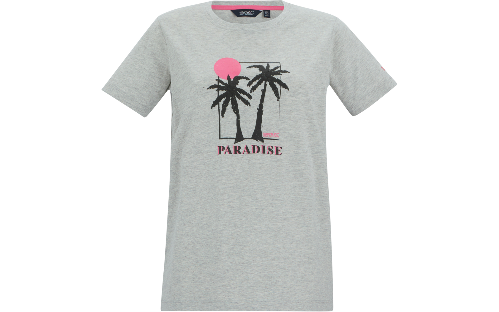 Hellgraues kurzärmliges T‑Shirt mit Aufdruck: zwei Palmen, pinke Sonne, schwarzer rechteckiger Rahmen und Schriftzug 'PARADISE'