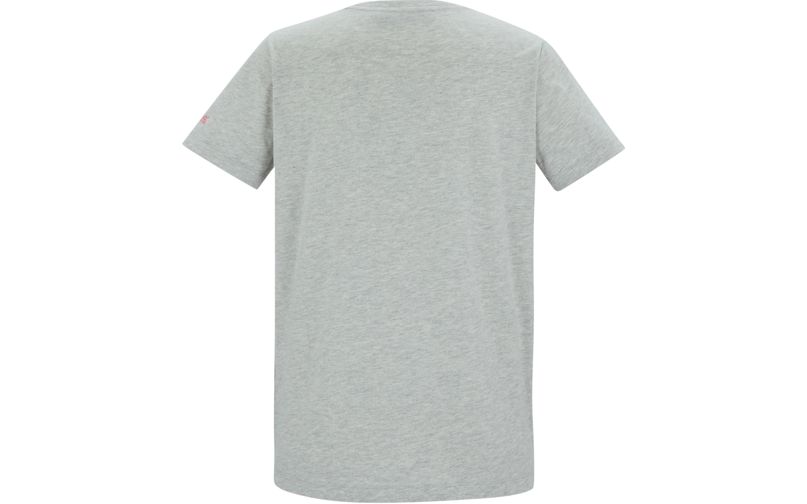 Rückansicht eines hellgrauen kurzärmligen T-Shirts mit kleinem rosa Detail am linken Ärmel vor weißem Hintergrund