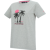 Graues T-Shirt mit kurzen Ärmeln und Rundhalsausschnitt, schwarzem Palmenmotiv, pinker Sonne und Schriftzug "PARADISE" auf der Vorderseite