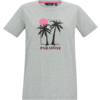 Grau meliertes T-Shirt mit schwarzem Palmenmotiv, pinker Sonne und Aufschrift 'PARADISE'