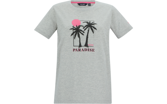 Grau meliertes T-Shirt mit schwarzem Palmenmotiv, pinker Sonne und Aufschrift 'PARADISE'