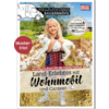 Broschürencover: blondes Mädchen hält ein Lamm, steht auf Stroh zwischen Hühnern vor Holzzäunen; im Hintergrund grüne Hügel und blauer Himmel; Titeltext 'Land-Erlebnis mit Wohnmobil und Caravan'