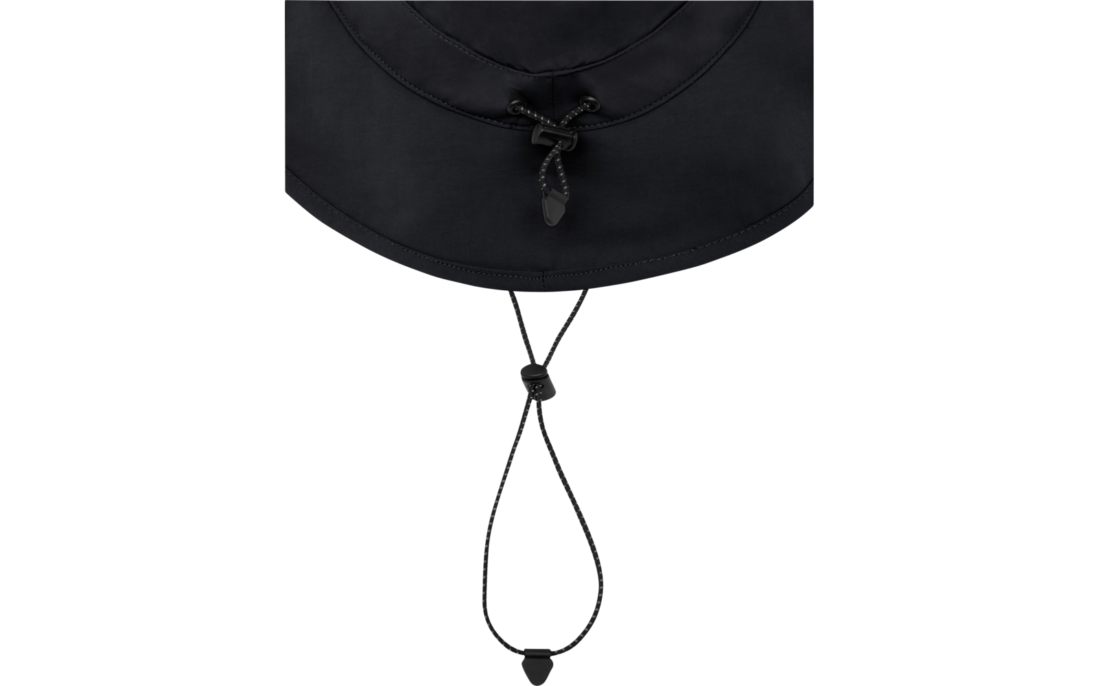 Unterer Rand eines dunkelgrauen Stoffhuts mit Kinnband, Kordelzug, Knoten und Stopper