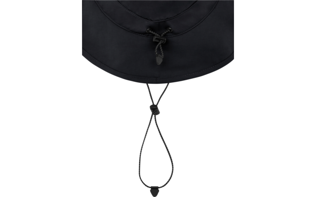 Unterer Rand eines dunkelgrauen Stoffhuts mit Kinnband, Kordelzug, Knoten und Stopper