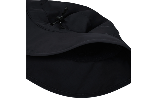 Schwarzer Hut mit breiter Krempe, Kordelzug mit Stopper und sichtbarem Netzfutter innen