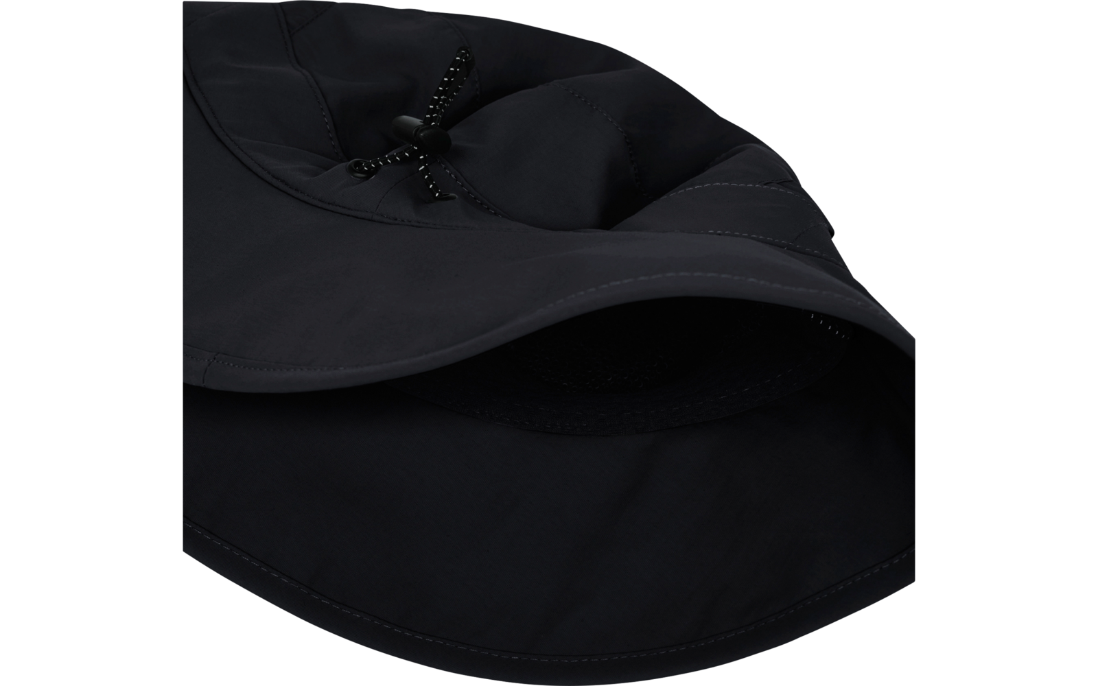 Schwarzer Hut mit breiter Krempe, Kordelzug mit Stopper und sichtbarem Netzfutter innen