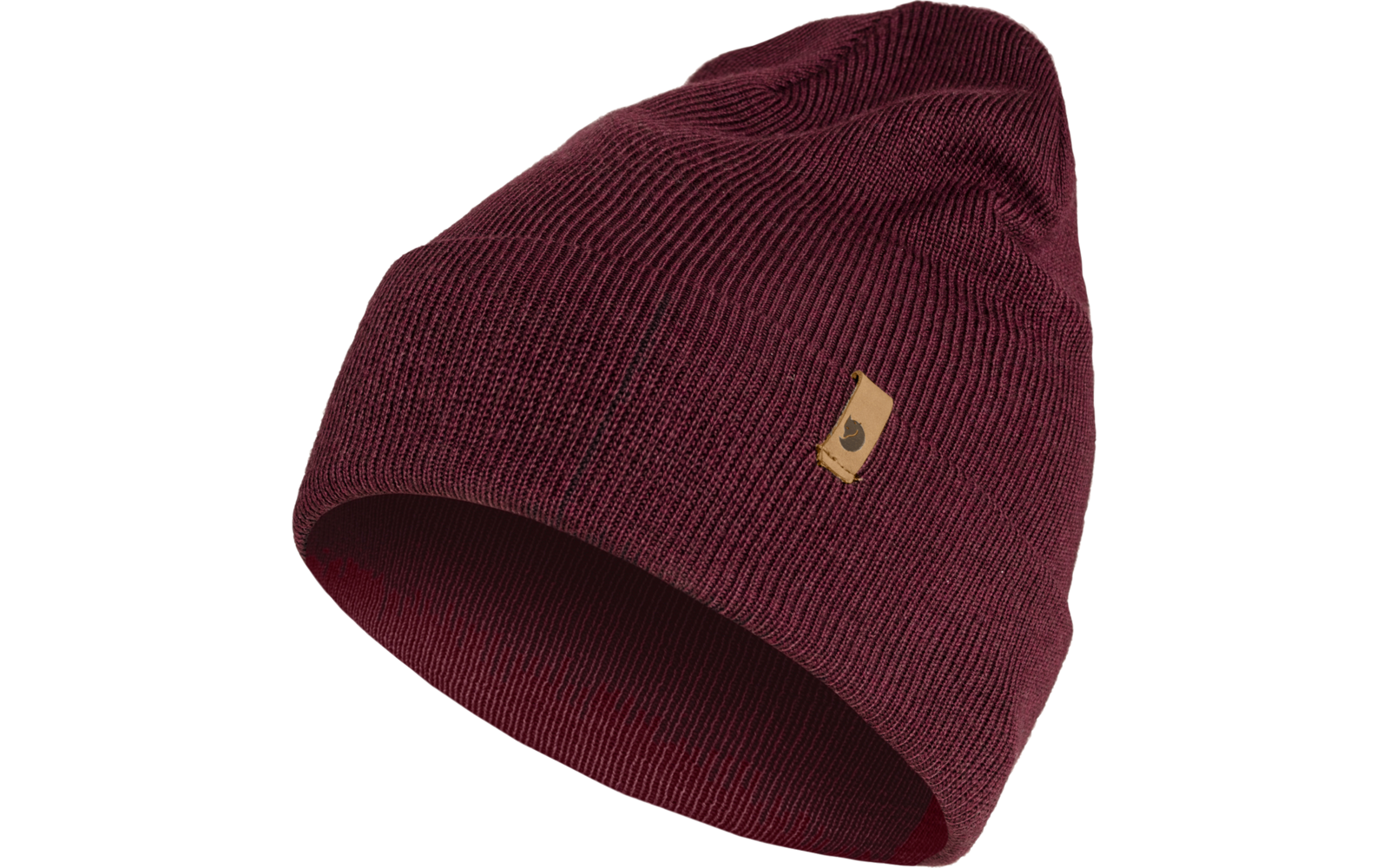 Bordeauxrote Strickmütze mit kleinem goldfarbenem Labelaufnäher