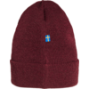 Bordeauxrote Strickmütze mit Umschlag und kleinem blauen Logo vorne