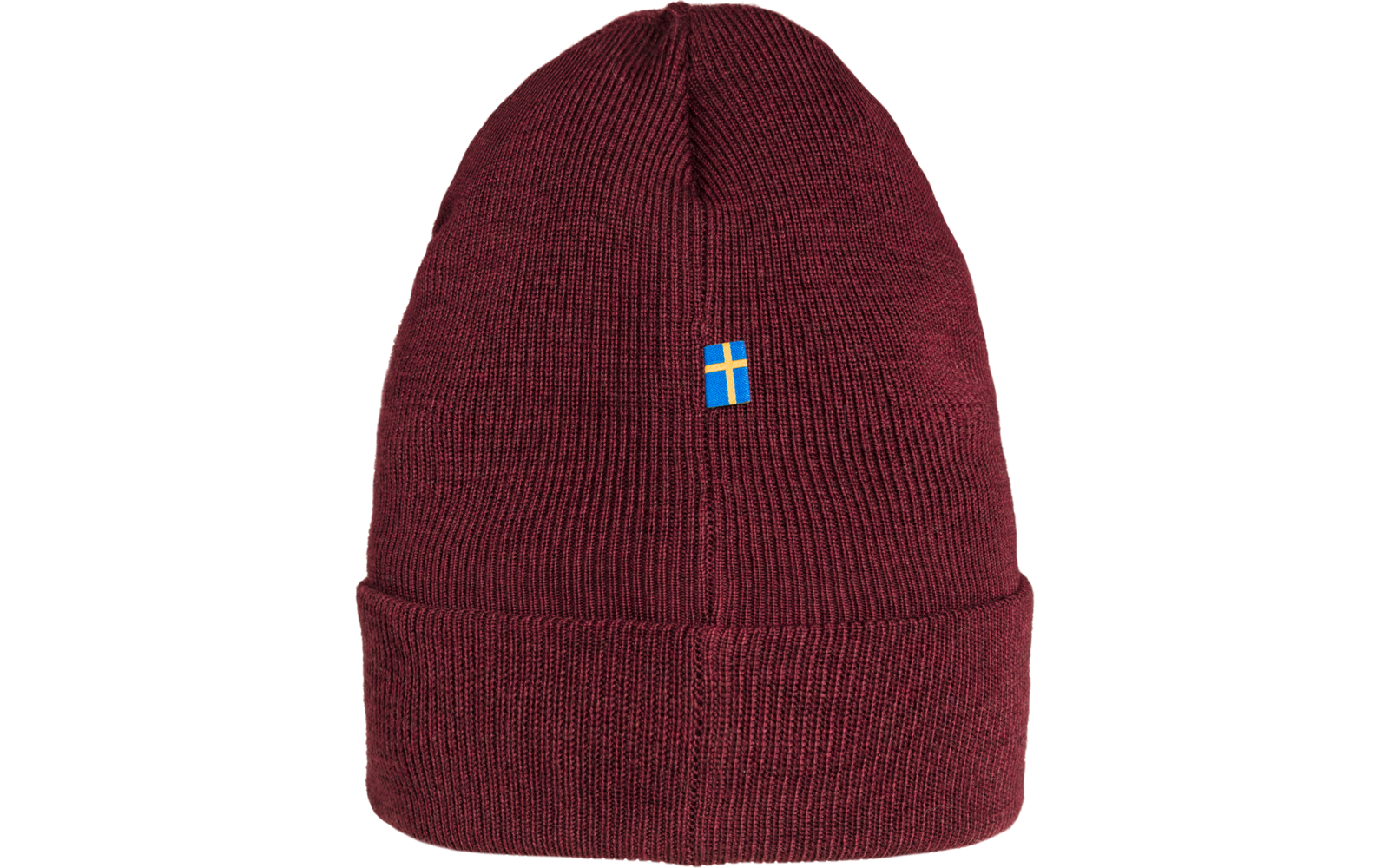 Bordeauxrote Strickmütze mit Umschlag und kleinem blauen Logo vorne