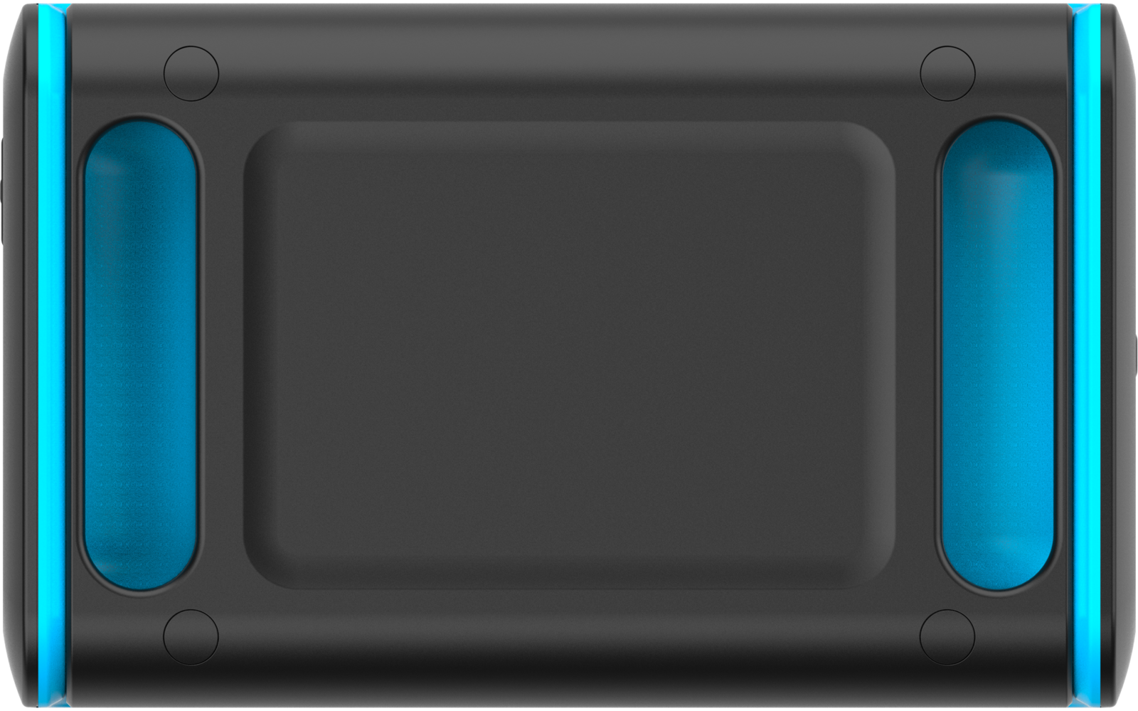 Rechteckiges schwarzes Objekt von oben, mittig eine vertiefte rechteckige Fläche, links und rechts je ein senkrechter blauer Balken, cyanfarbene Seitenkanten und kleine runde Vertiefungen nahe den Ecken
