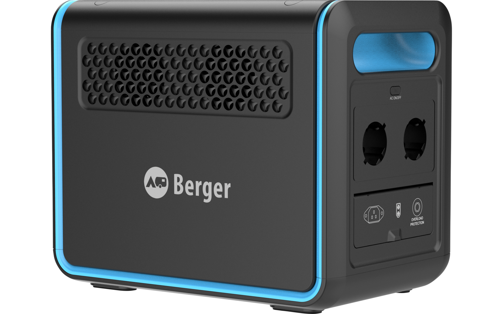 Schwarzer kompakter Würfel mit blauem Rand, Berger-Logo, Lüftungsgitter oben links, Grifföffnung an der rechten Seite, zwei runde Steckdosen und Bedienfeld