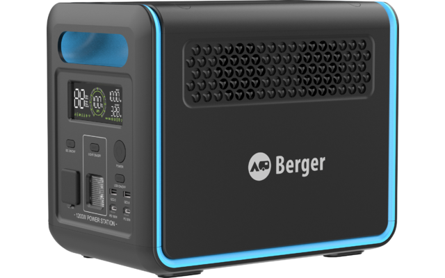 Schwarzes, rechteckiges Gerät mit abgerundeten Ecken, seitlichem Berger-Logo, blau leuchtender Kante, Display mit Symbolen, mehreren Anschlüssen und Lüftungsgitter