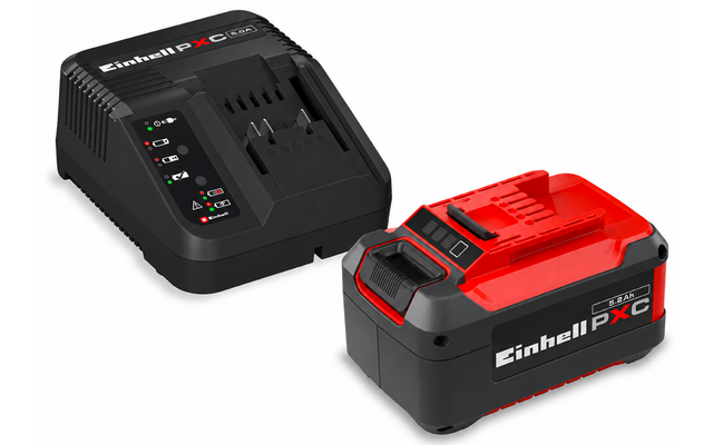 Zwarte lader met LED-indicatoren naast een rood-zwart accupakket met de tekst Einhell PXC op een witte achtergrond
