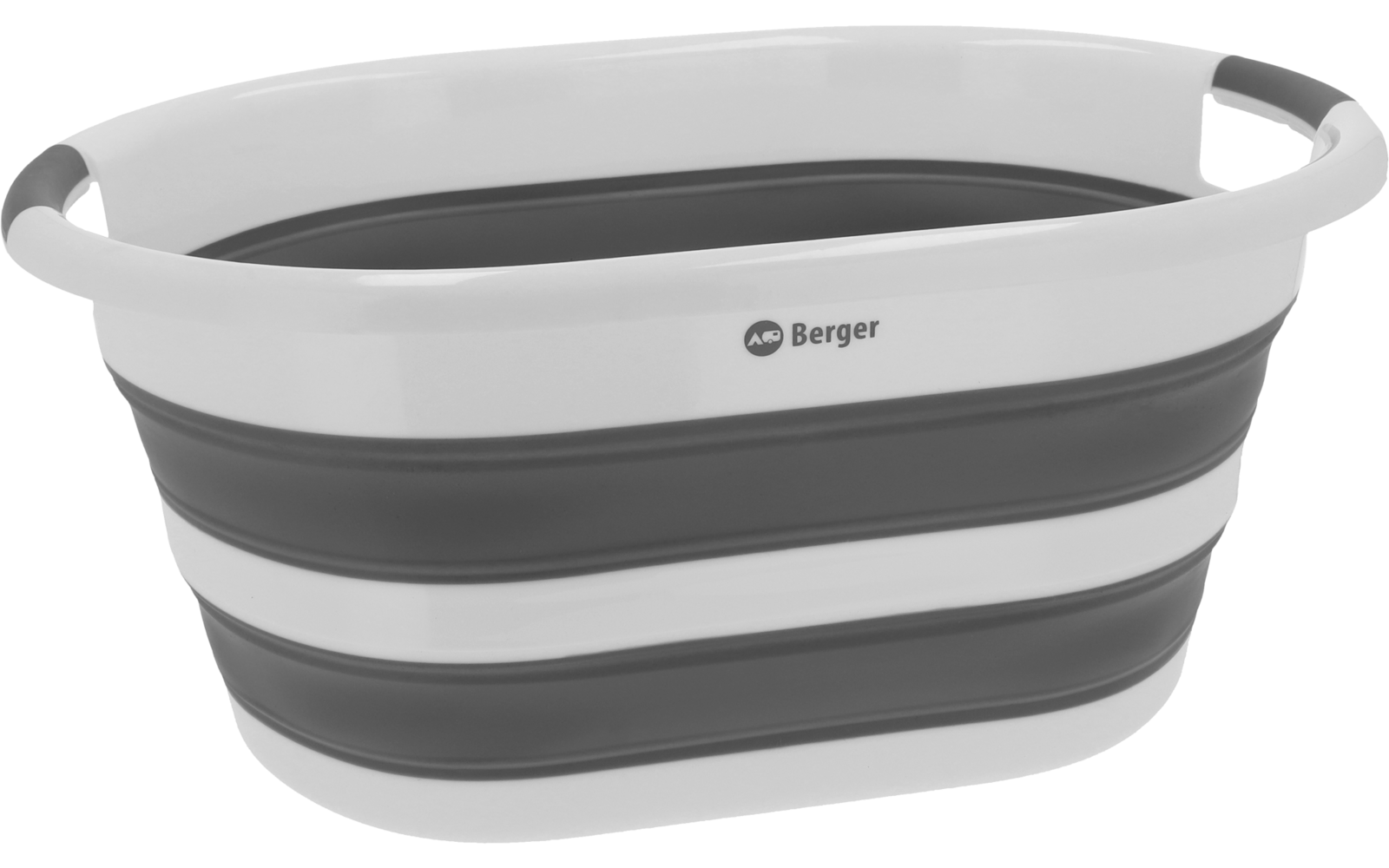 Ovaler, zusammenklappbarer Wäschekorb mit grauen und weißen Ringen, seitlichen Griffen und sichtbarem "Berger"-Logo