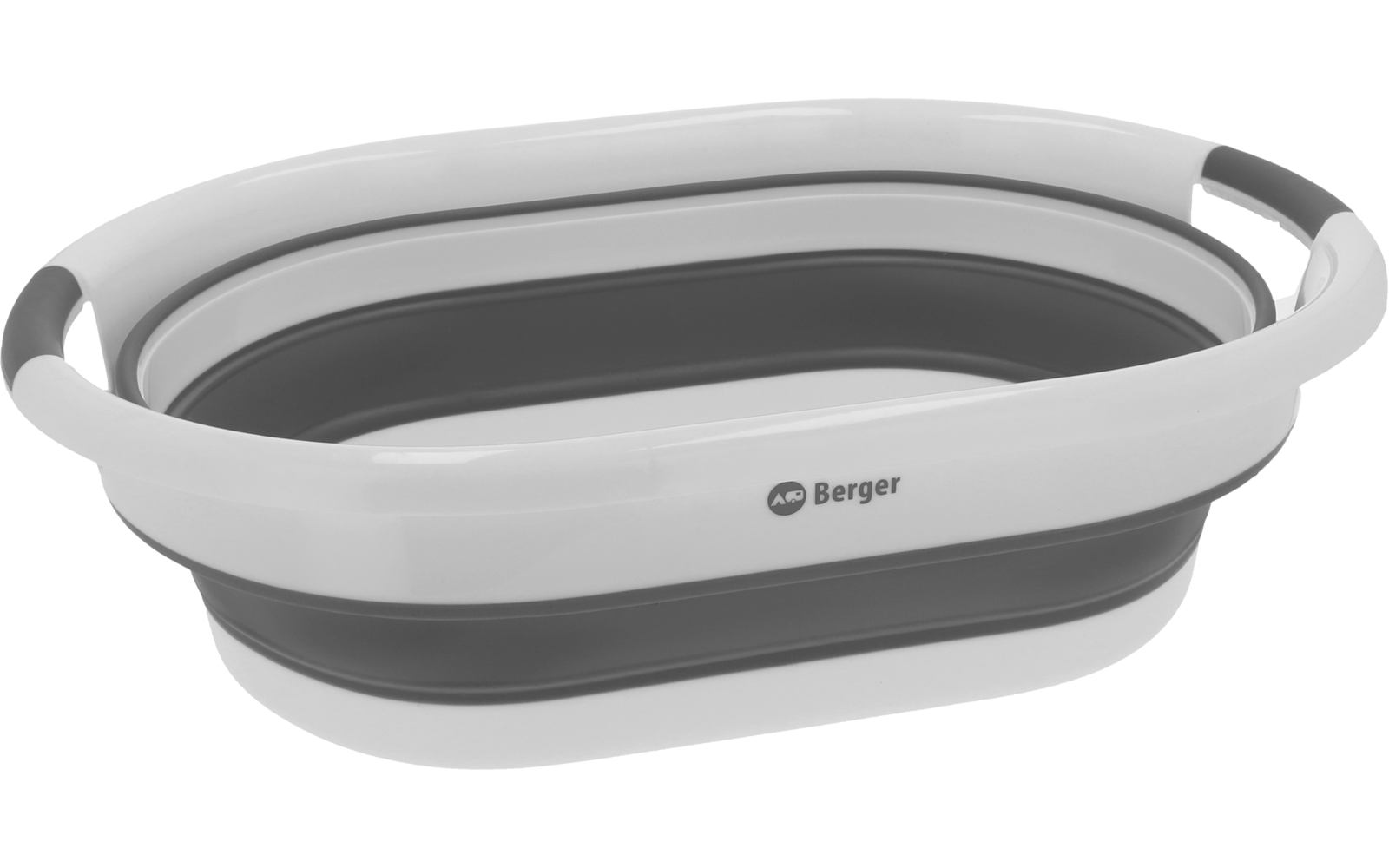 Weiß-graue, zusammengeklappte ovale Wanne mit Griffen und 'Berger'-Logo