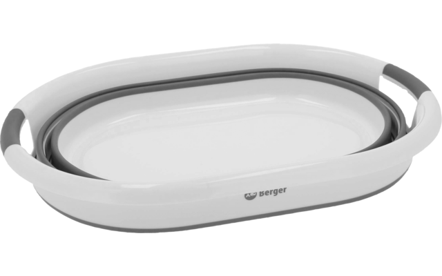 Ovaler, zusammengeklappter Silikonbehälter mit hellrosa Außenrand, grauem Einsatz, zwei Griffen und Aufdruck 'berger'