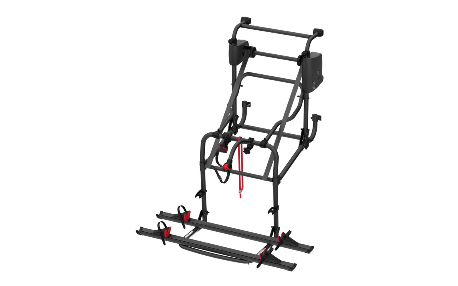 Schwarzer Metallrahmen mit zwei horizontalen Trägerstangen, mehreren Befestigungsarmen und roten Riemen